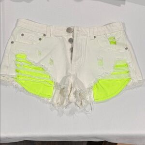 Brooklyn Karma white and Neon green Accented Distressed Women Shorts